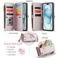 thumbnail image 4 of for iPhone 13 Full Body Protection Wallet Folio Flip Case, Shoulder Strap & Wristlet Card Slots Zipper Pocket RFID Blocking Rugged Durable PU Leather Phone Case Cover, Pink, 4 of 10