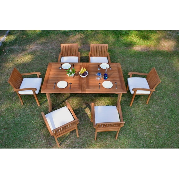 Teak Dining Set:6 Seater 7 Pc - 94" Rectangle Table And 6 Napa Stacking Arm Chairs Outdoor Patio Grade-A Teak Wood WholesaleTeak #WMDSNPa