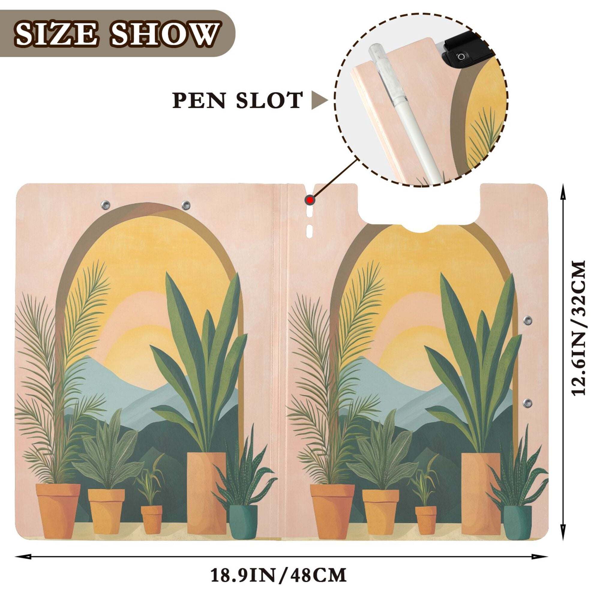 FORMRS A4 Clipboard Folder with Pen Holder Horizontal Foldable School Office Binder, Boho Plants