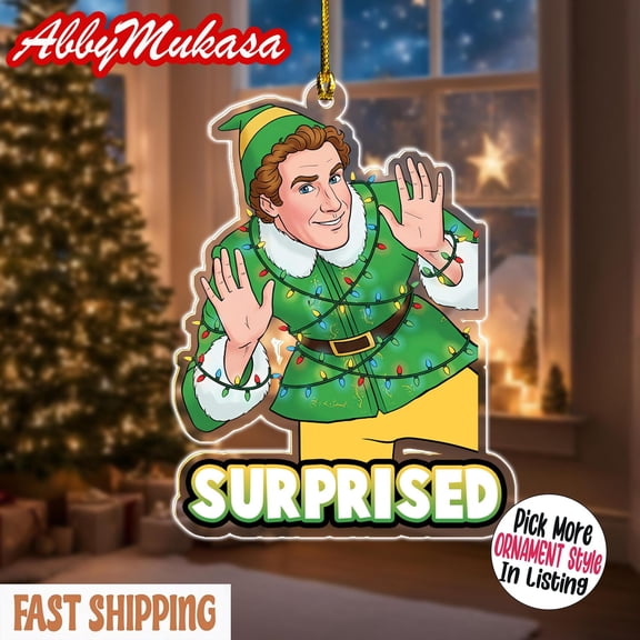 Surprised Buddy The Elf Christmas Ornament, Cute Green and Yellow Elf Acrylic Ornament, Holiday Movie Inspired Ornament, Smiling Xmas Decor