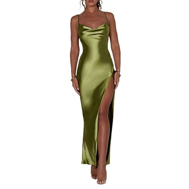 SUNSIOM Robe Longue à Bretelles Spaghetti en Satin pour Femmes Col Bénitier Robe Midi Fendue Haute Robe de Soirée d'Été