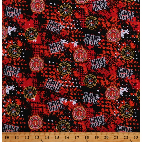 Cotton Fire Department Firefighters Rescue Badges Geo Logo Allover on Black Cotton Fabric Print by the Yard (1180-FF)