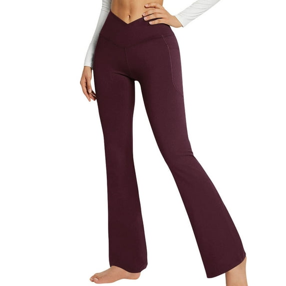 Xuanfei Women Solid Color V Cross Waist Tummy Control With Pockets Yoga Pants
