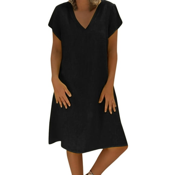 Yuyuzo Cotton Linen Dresses for Women 2024 Casual Short Sleeve Dress V Neck Flowy Knee Length Sundress Plus Size