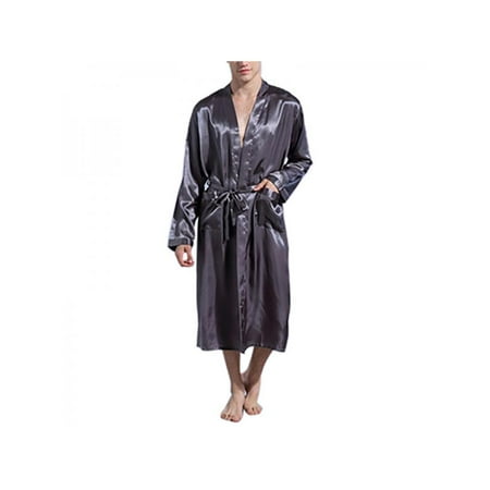 MarinaVida Men Silk Satin Pajamas Kimono Bath Robe With Sash Dressing Loungewear Long Sleepwear