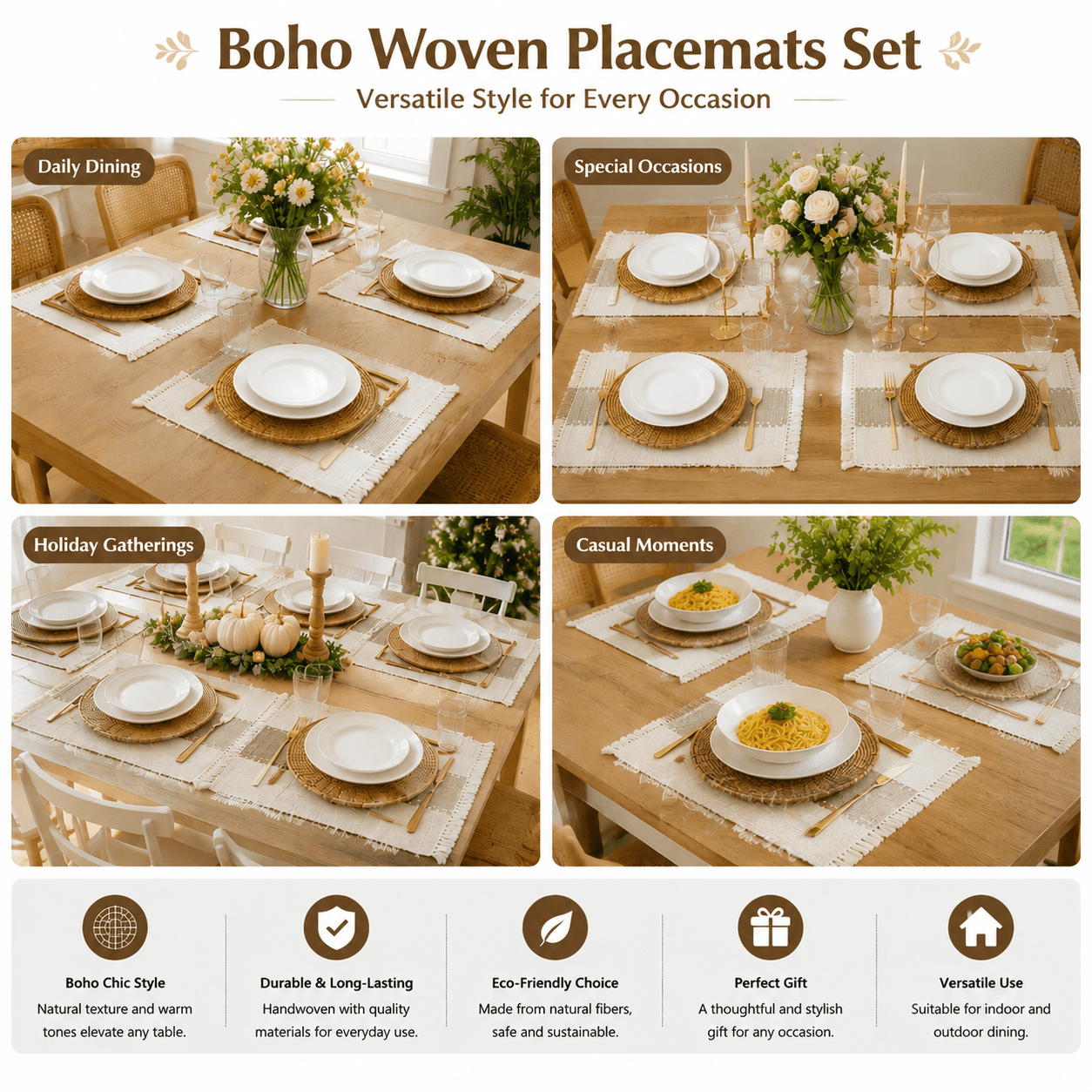 Boho Woven Placemats Set of 12 - Handmade Cotton Burlap and Water Straw Woven Combination Table Mats for Dining Table Decor