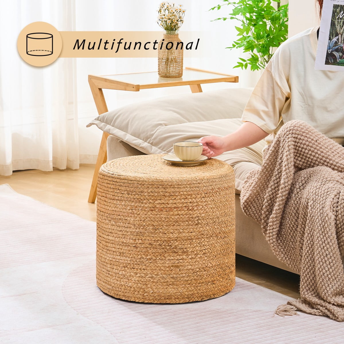 IVV Natural Water Hyacinth Round Ottoman, 17.7-Inch Handmade Woven Foot Stool End Desk with Wooden Frame for Living Room & Bedroom
