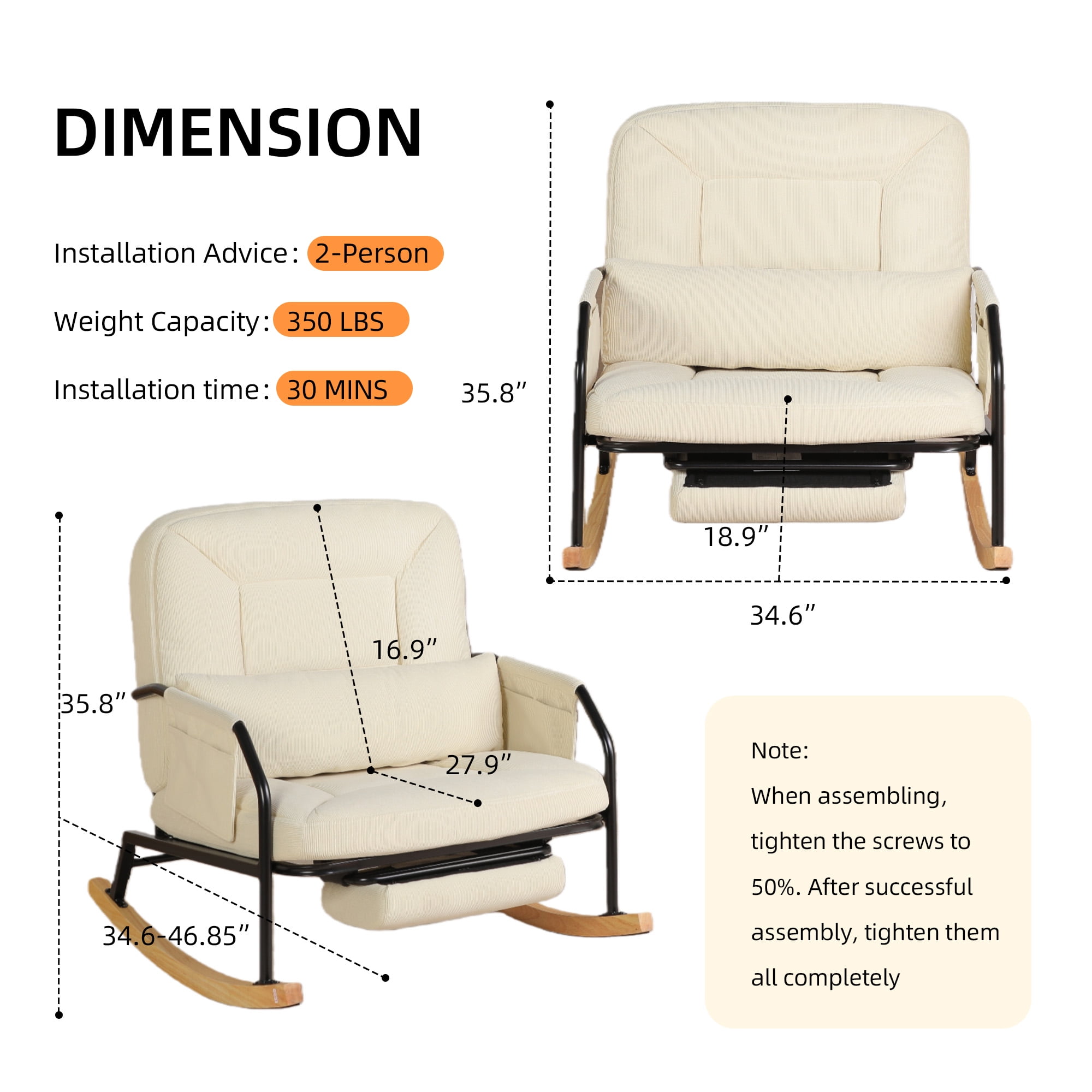 Hforesty Oversized Rocking Chair with Footrest ,Rocker Glider with Metal Farm,Wooden Bottom and Adjustable Backrest for Indoor Use: Balcony, Living Room or Bedroom.(corduroy)BEIGE
