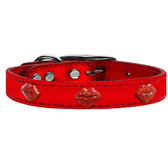 Red Glitter Lips Widget Genuine Metallic Leather Dog Collar 18