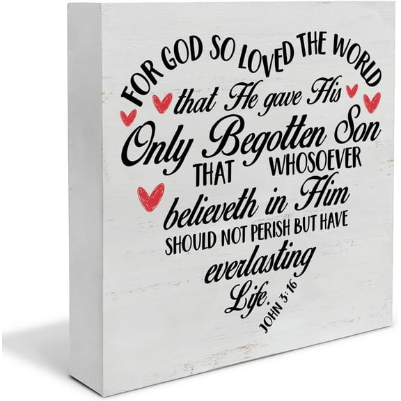 Zomyto 7"x7" Christian Decor Bible Verse Wooden Sign, Rustic John 3:16 Scriptures Wood Block Sign Home Tabletop Shelf Desk Decoration, Valentines Day Decorations