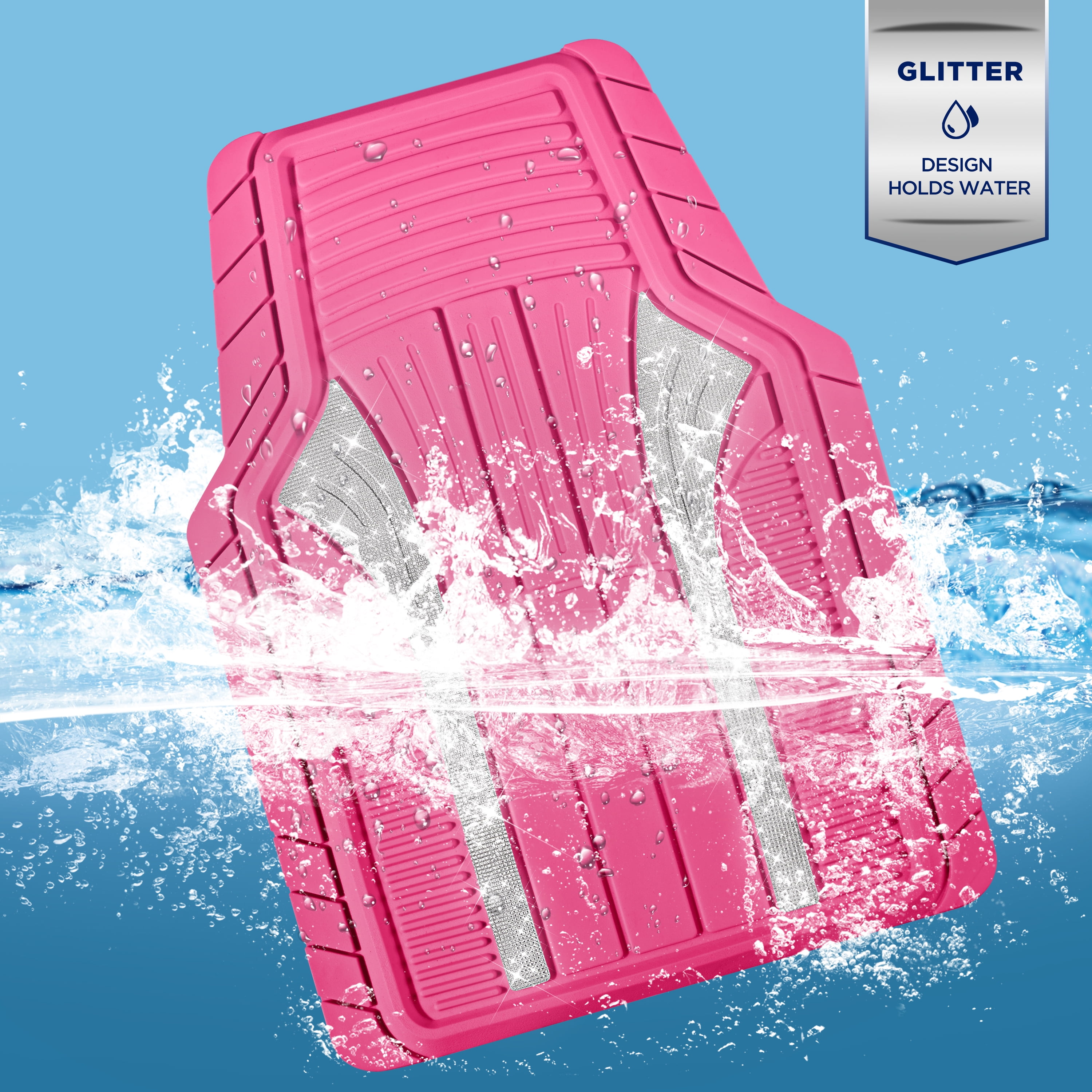 PIC AUTO Bling Rubber Floor Mats - Sparkly Glitter Hot Pink Car Mats Set, Heavy Duty All-Weather Waterproof Pads for Girls & Women, Universal Fit-Pink