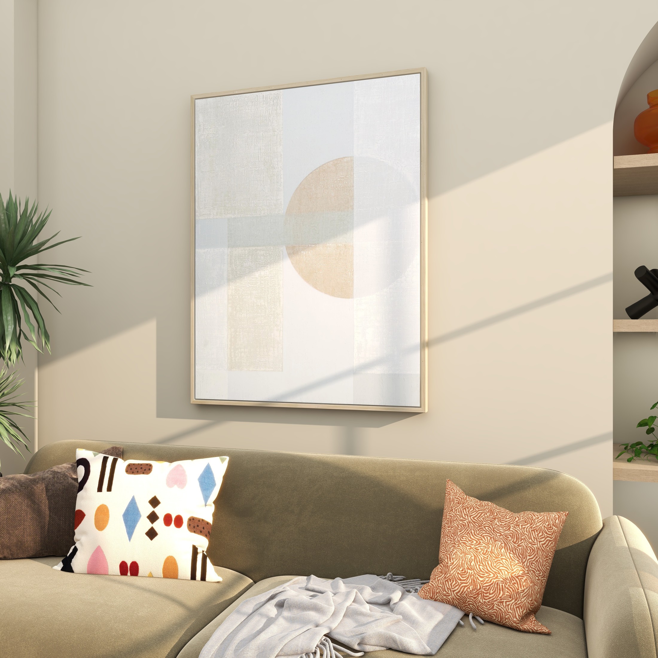 36" x 47" Mid Century Modern Shape Geometric Framed Wall Art with Pink and Sage Accents, by DecMode