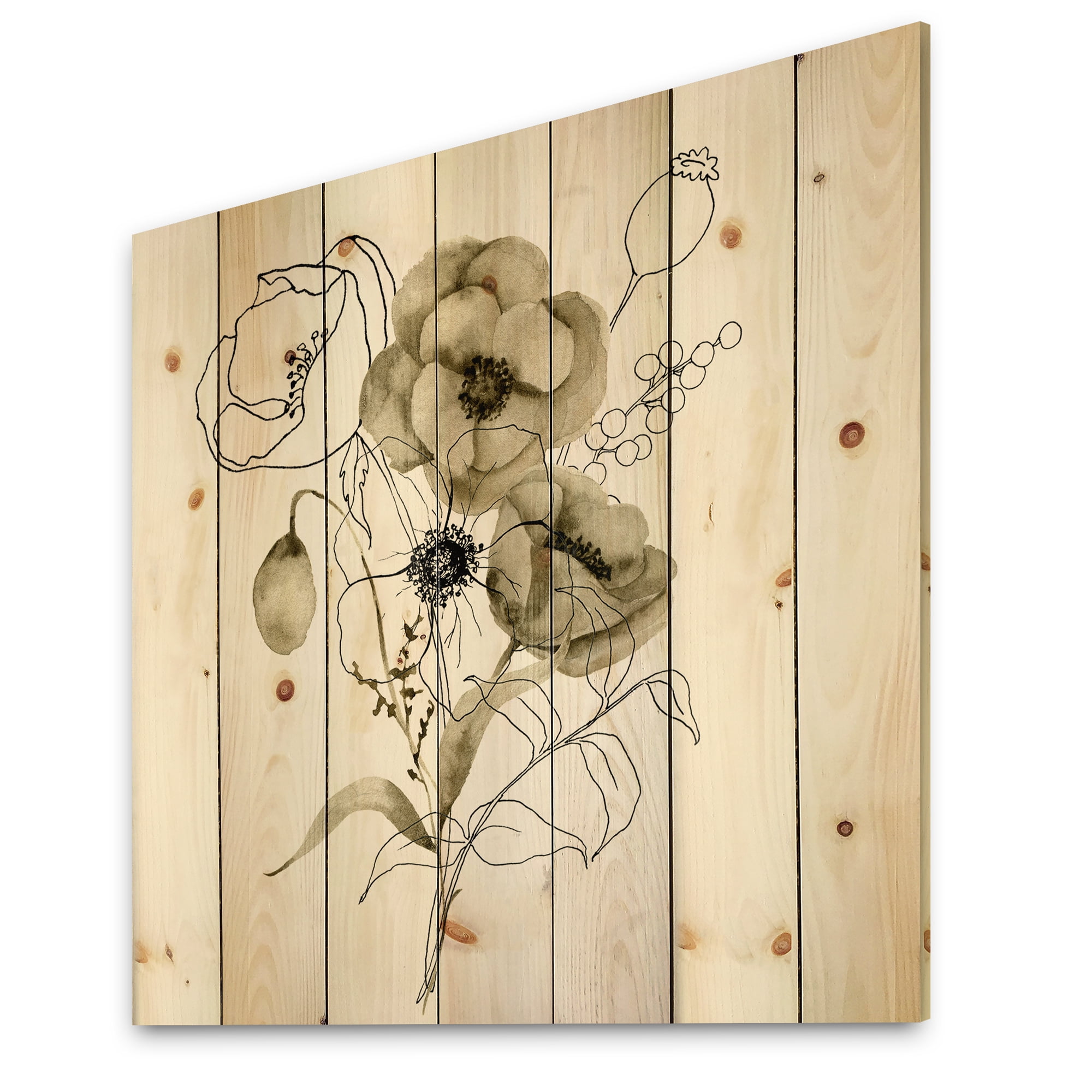 Designart 'Eucalyptus Branches With Anemone Bouquet Flower' Traditional Print on Natural Pine Wood