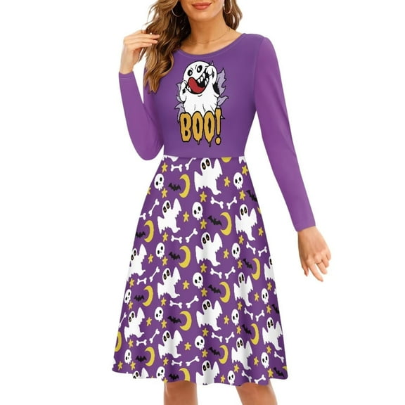FKELYI Halloween Moon Ghost Women Dresses Size L Loose Purple Women's Wear to Work Dresses Midi Casual Swing Twirl Skater Dress Long Sleeve