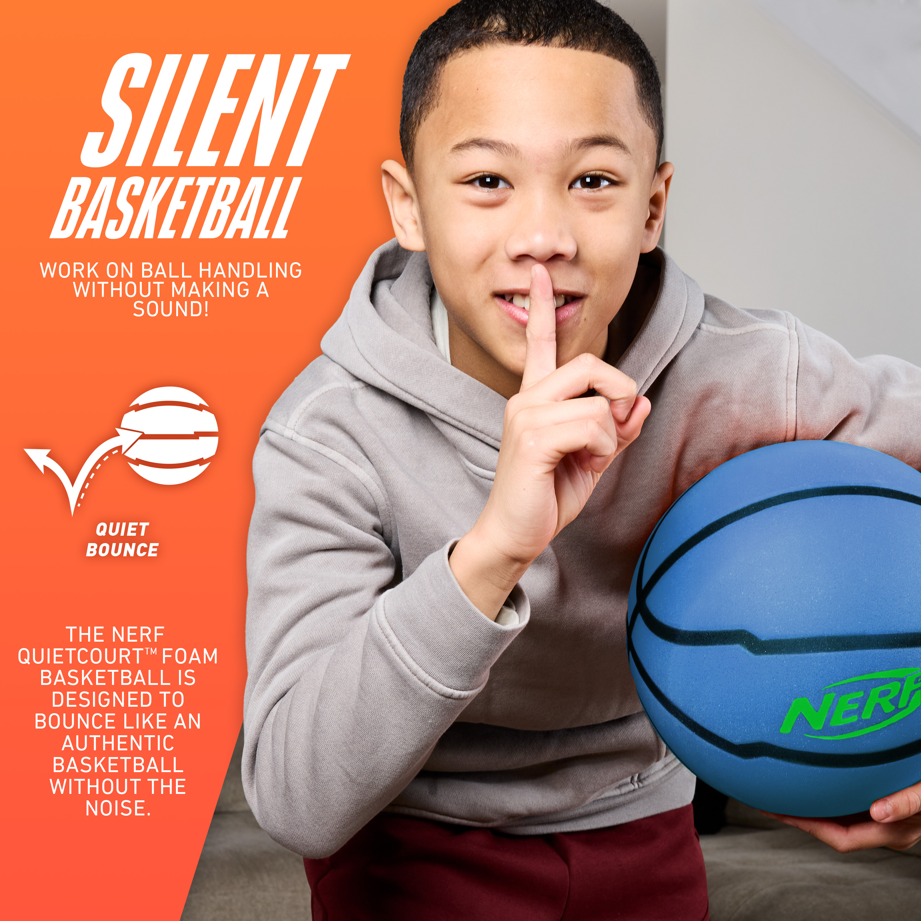 NERF Quietcourt Silent Foam Basketball -  Quiet Ball for Indoor Dribbling Practice + Drills - 28.5" - Kids + Youth Basketball - Never Goes Flat Foam