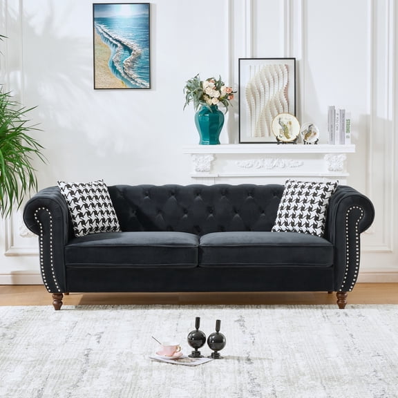 Miekor Furniture 87" Chesterfield velvet upholstery fabric Sofa with Roll Armrest & Nailhead,Upholstered Mid Century Modern Couch,3 Seater Couch for Living Room, Office, Apartment, Black MK7696