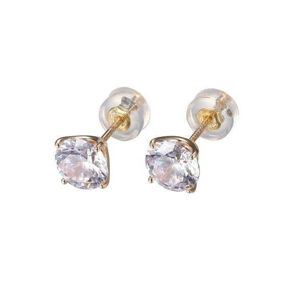 Forever Facets 1K Solid Gold 6.5MM Round CZ Stud Earrings, Adult Female
