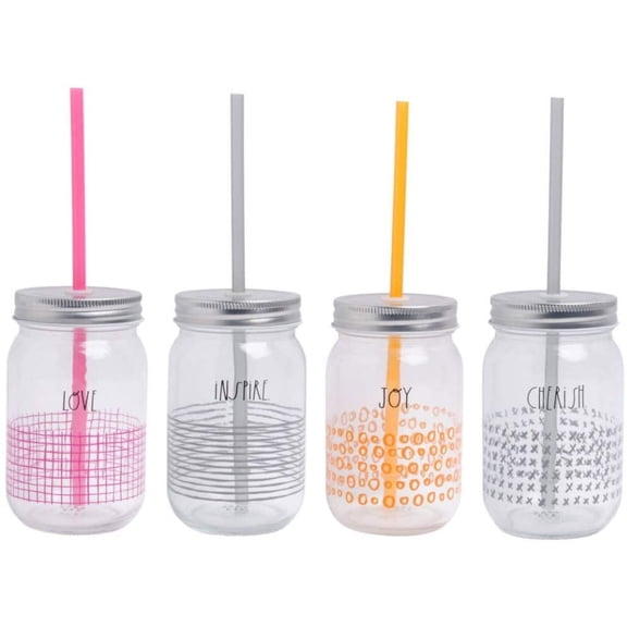 Rae Dunn 4 (15oz) Mason Jar Glasses With Straws Set- LOVE-JOY-CHERISH-INSPIRE