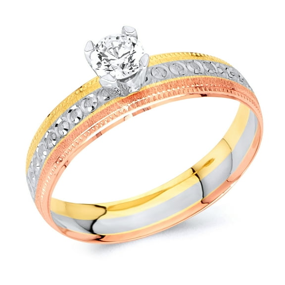 Wellingsale Ladies Solid 14k 3 Tri Color White Yellow and Rose / Pink Gold Polished Diamond Cut CZ Cubic Zirconia Engagement Ring - Size 4