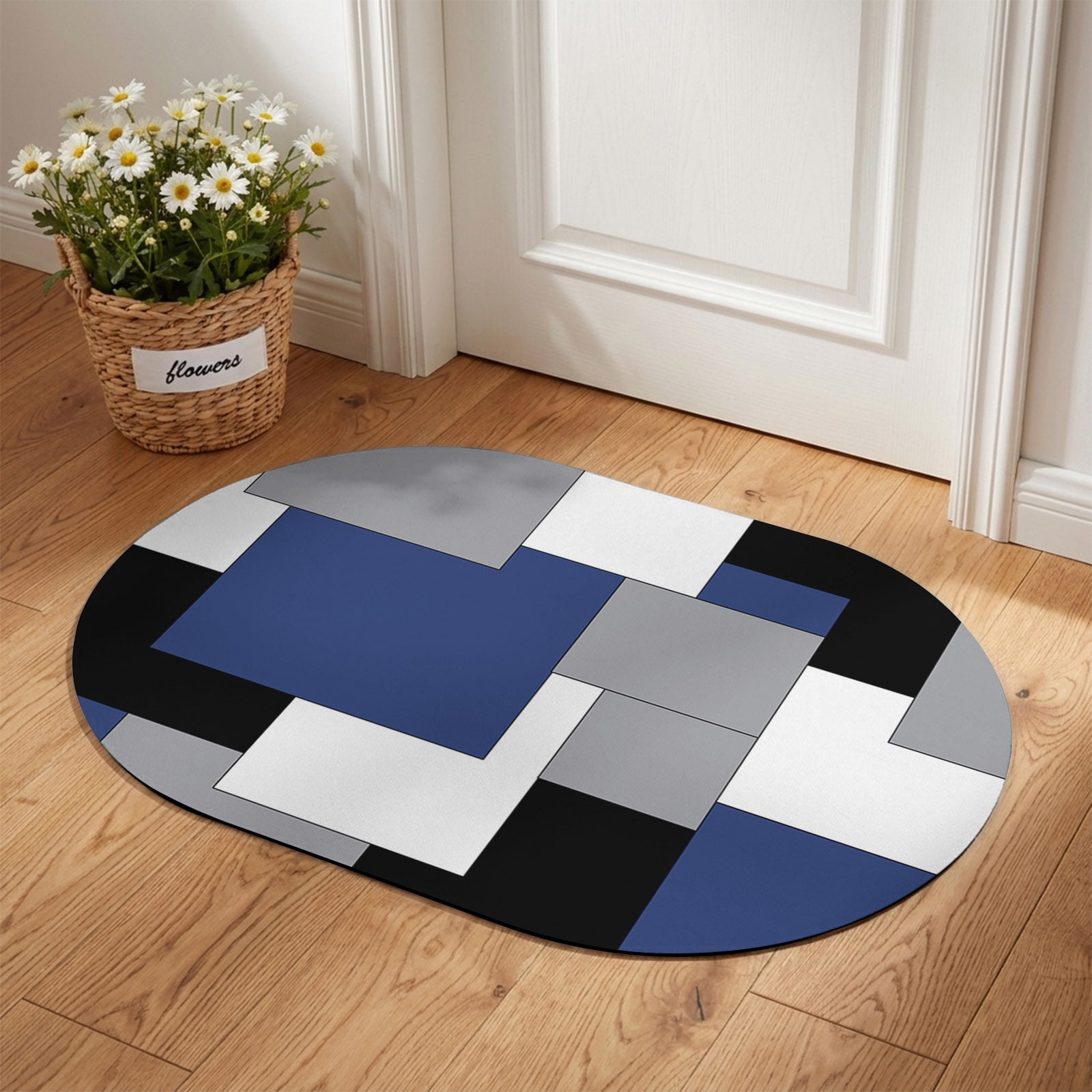 Front Door Mat Outside Entrance 18 x30 Navy Blue Grey Black Geometric Absorbent Doormat Indoor Entrance with Non-Slip Backing Rubber Low-Profile Welcome Mat for Entryway Middle Century Abstracts