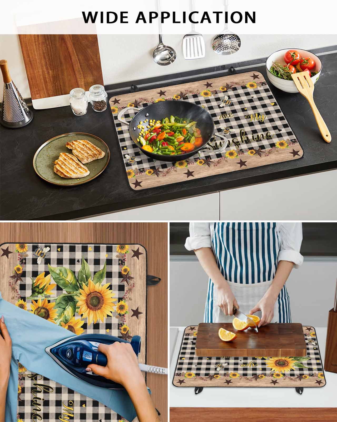 nqOlkjepod Large Induction Cooktop Protector Mat 36"x21", Sunflower Plaid Stove Top Covers for Electric Stove, Country Sunshine Star Vintage Bee Black Stove Burner Cover Mats, Glass Top Stove Cover