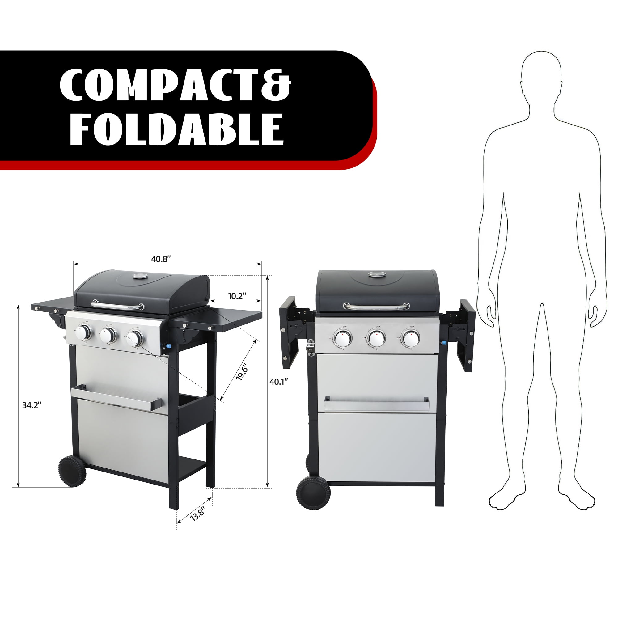 Nice Cooker 3-Burner Propane Gas Grill with 2 Foldable Side Tables, 25650 BTU Outdoor BBQ Grill with Porcelain-Enameled Grates, Built-in Thermometer