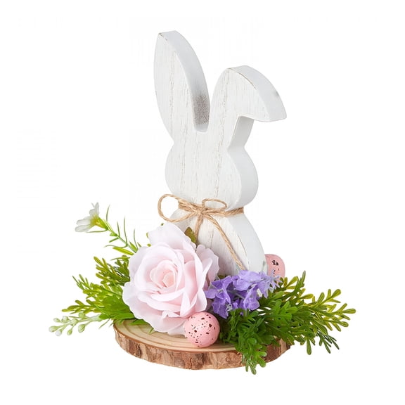 XIBUFE Simulated Flower Bunny Shaped Wooden Ornaments,Holiday Decoration Figurines,Rustic Easter Home Decor for Table and Shelf