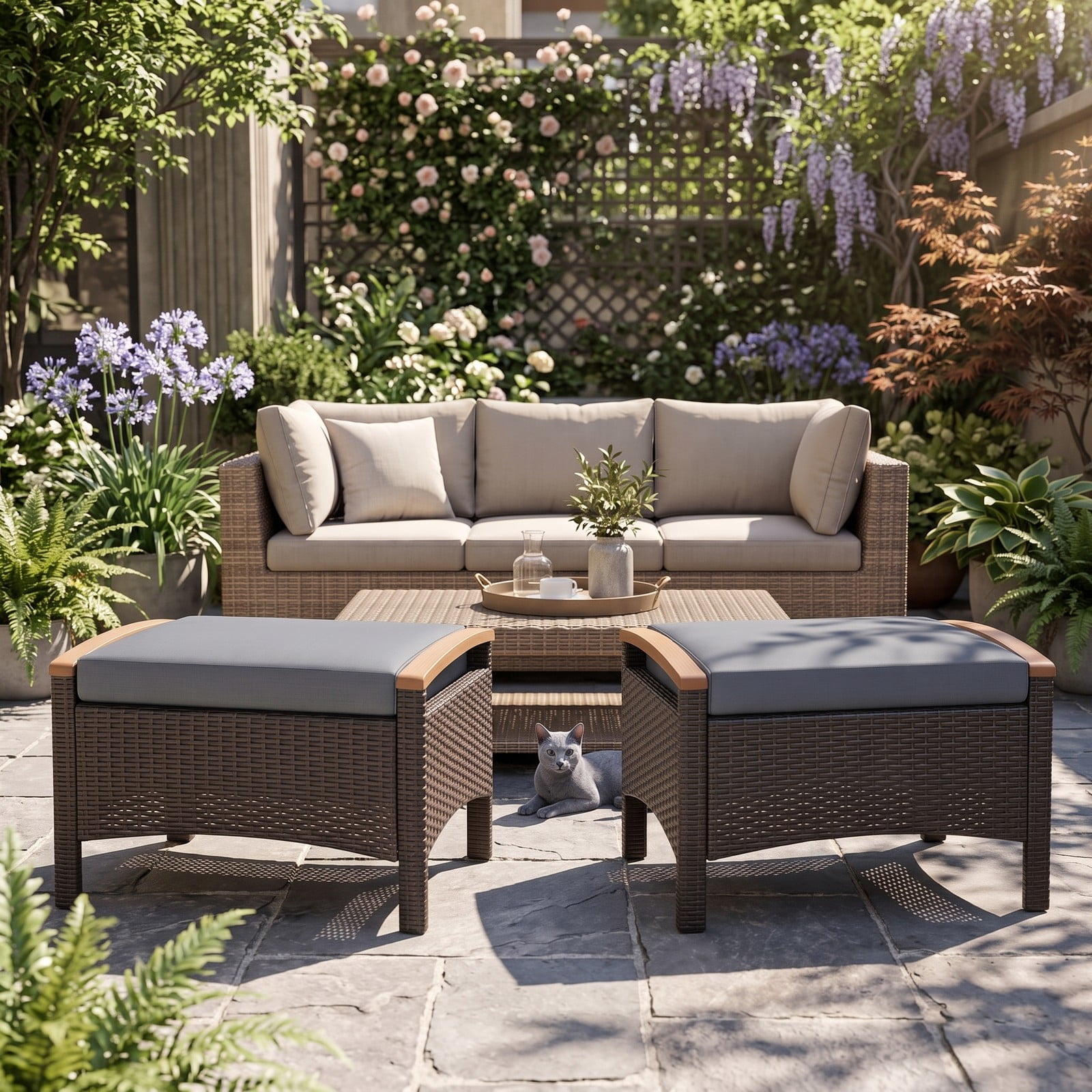 Furnibear Set of 2 Fade-Resistant PE Wicker Patio Ottomans with Cushions and Wood Handles for Outdoor Foot Rest and Extra Seating, Gray