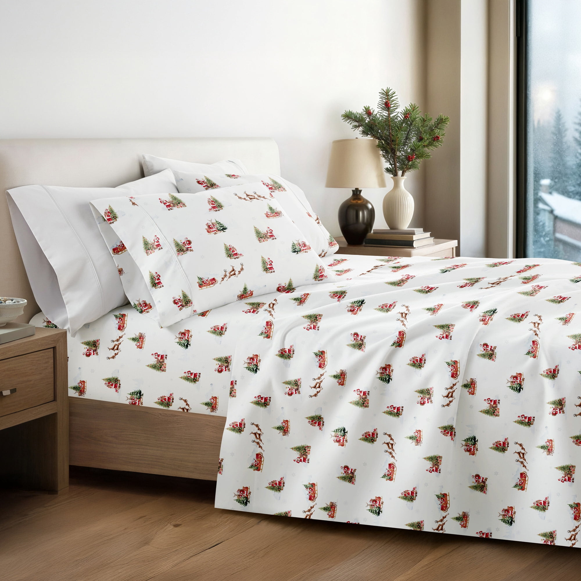 Noble Linens 4 Piece Holiday Microfiber Bed Sheet Set, Vintage Santa, Queen