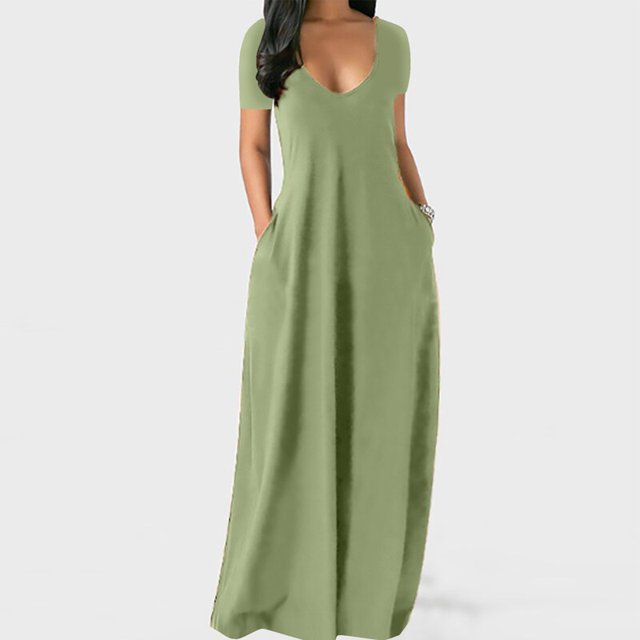 Summer Maxi Dress For Women Clothing 2022 Fashion Solid Color Sexy Deep V-neck Short Sleeve Casual Dress High Waist Pocket RobeM Gao Jinjia LED