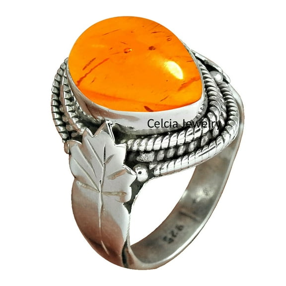 Baltic Amber Genuine Healing Gemstone Pear Shape Band Ring, Solid 925 Sterling Silver Statement Ring, Handmade Fine jewelry, Unique Womens Giftable Ring