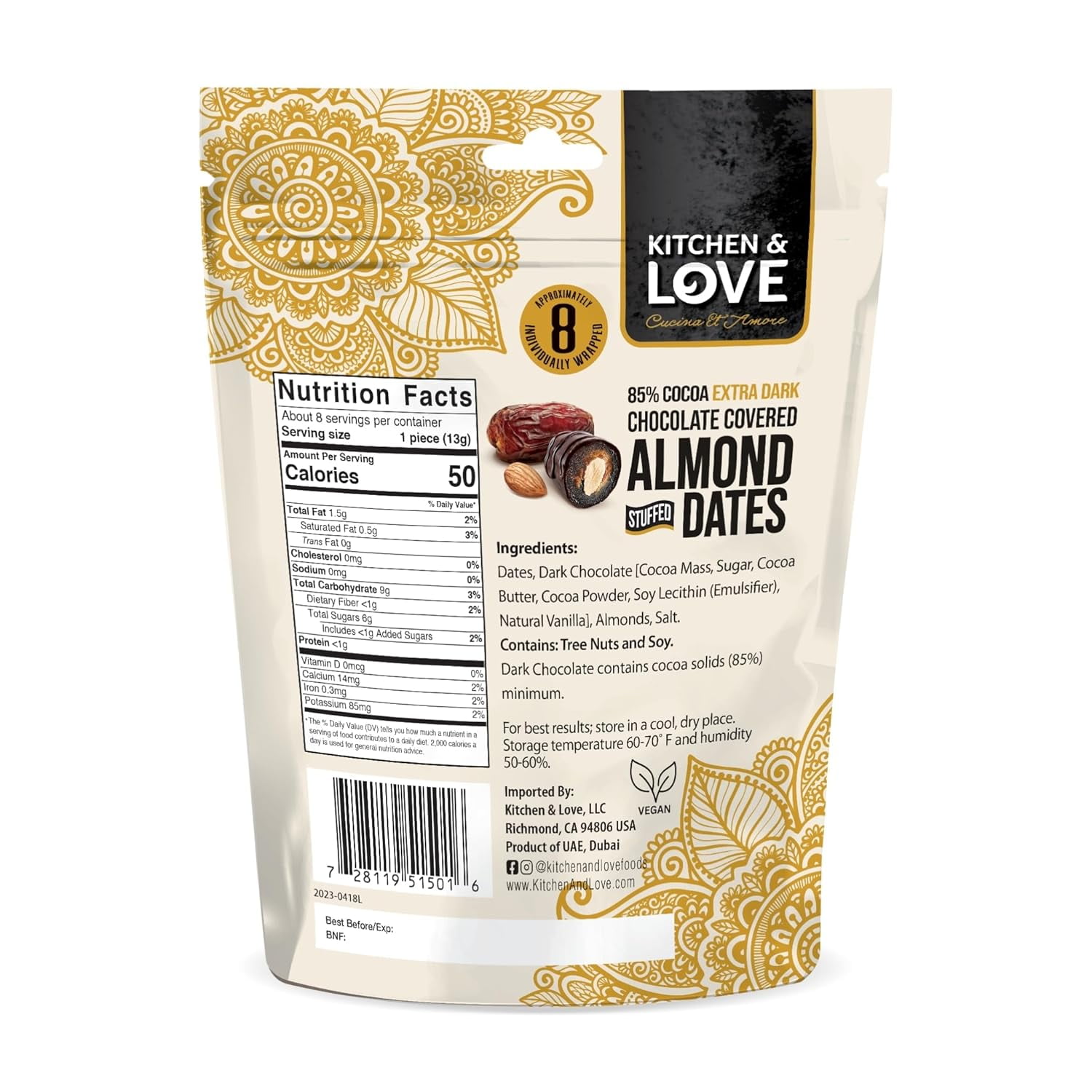 Kitchen & Love Dark Chocolate Almond Stuffed Dates 3.5 oz (Pack of 8)