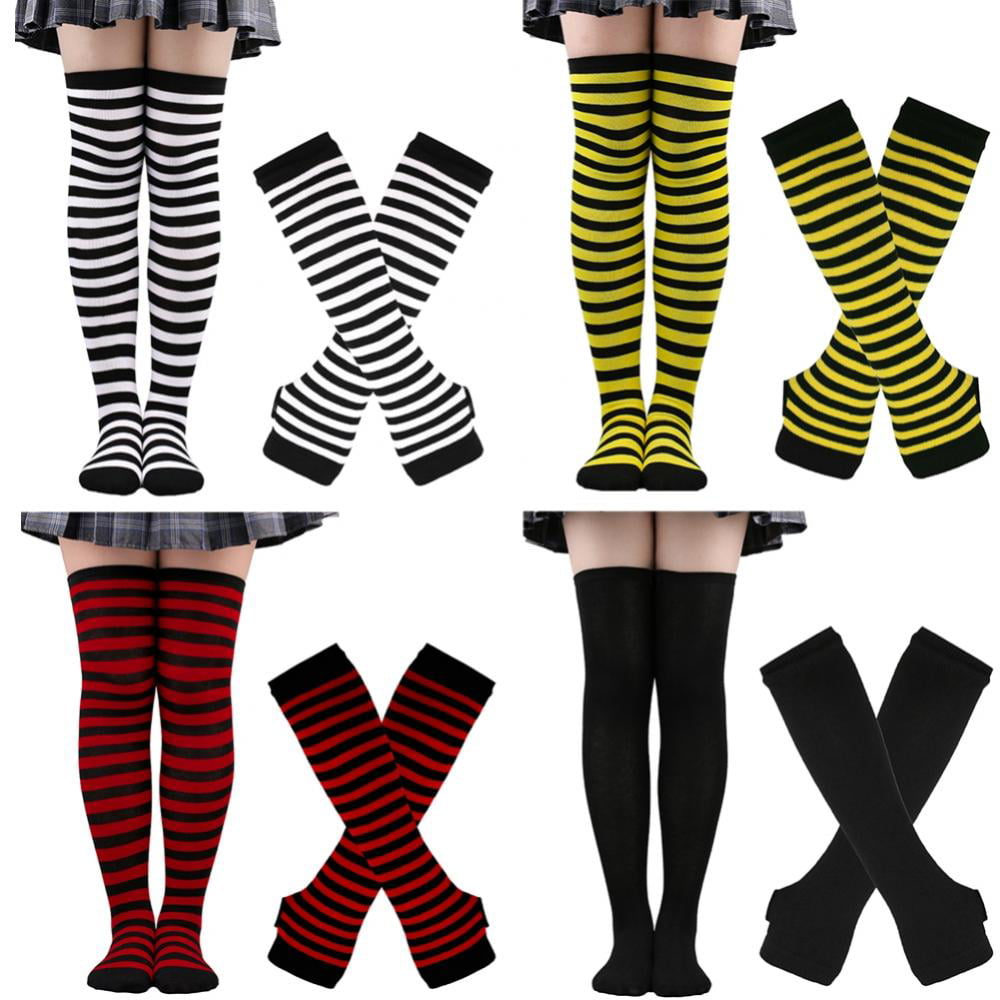 Stripe High Socks Womens Knee High Socks Fingerless Gloves Accessories Set Colorful Arm Warmers Halloween 