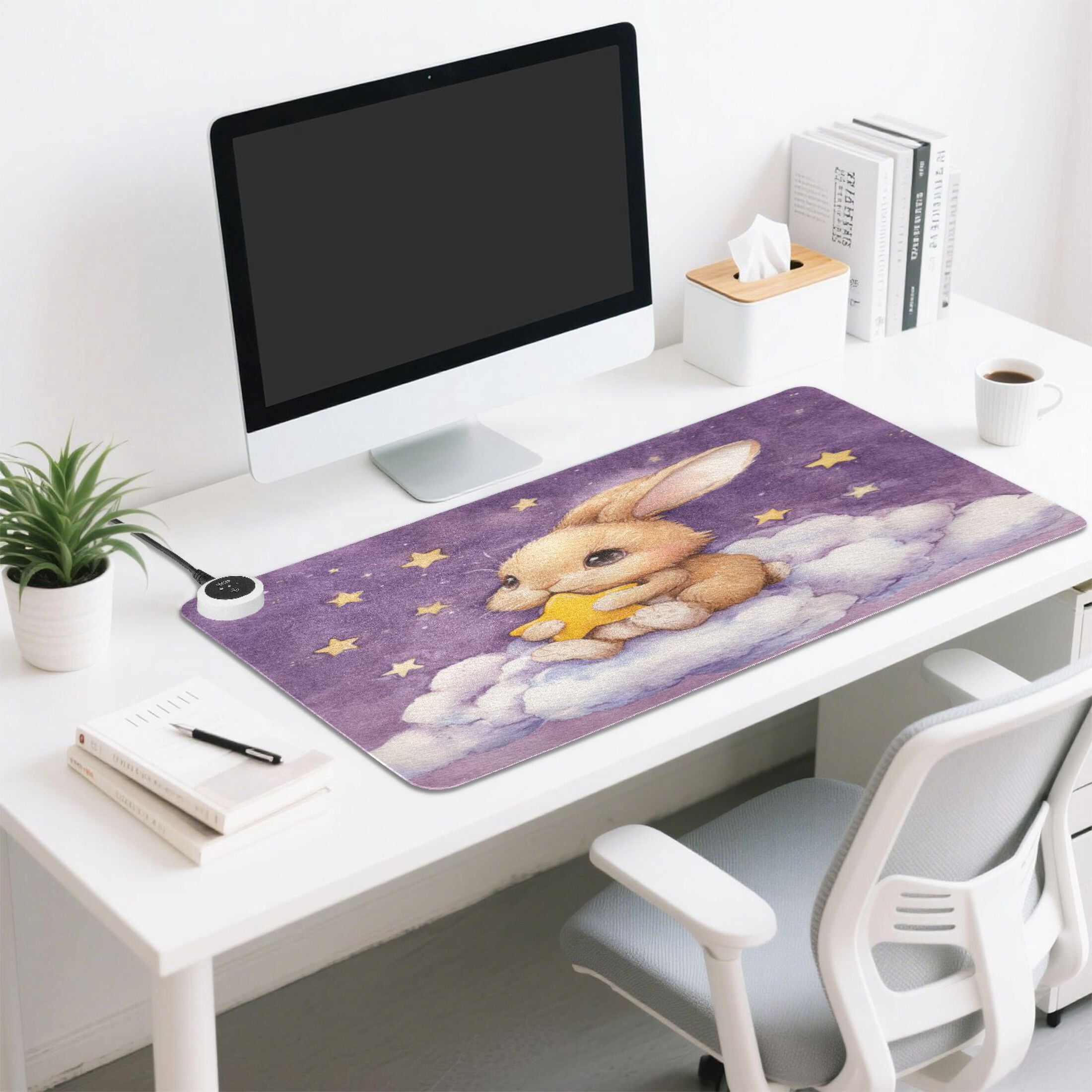 Large Heated Desk Mat Mouse Pad 31.5"x13"PU Leather Graphene Heating Desk Warmer with 3 Temperature Settings 110V US Plug Non-Slip Warm Pad for Home, Office, and Gaming Golden Rabbit with Star