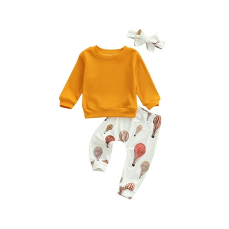 

Newborn Baby Girls Suits 0-24M Solid Long Sleeve O-Collar Tops+Fire Balloon Printing Pants+Headwear