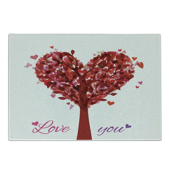 Love Cutting Board, Tree in the Shape of Heart Holiday Romance Garden Vintage Style Design, Decorative Tempered Glass Cutting and Serving Board, Small Size, Ruby Pink Purple, by Ambesonne