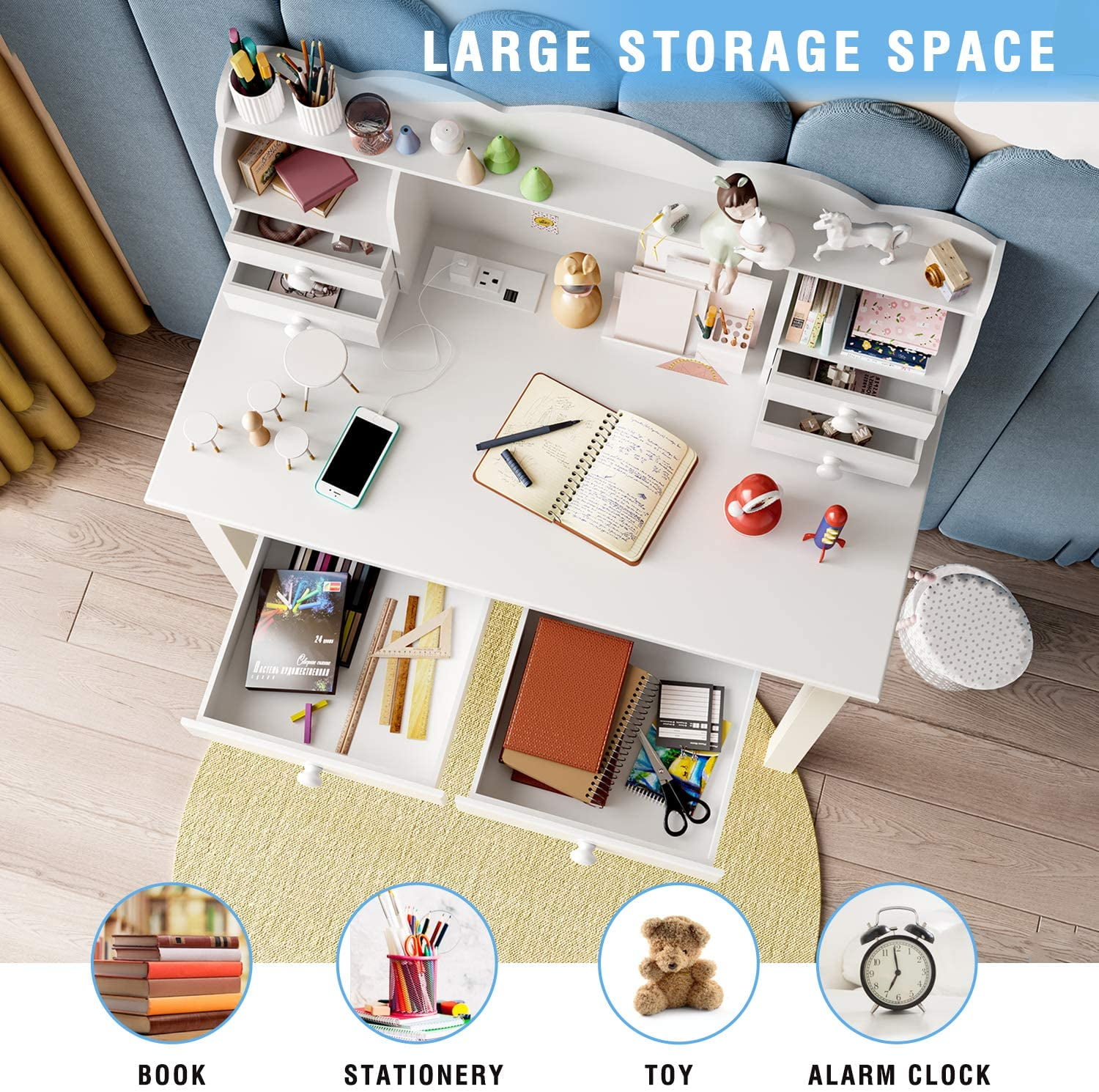 Writing Desk with Hutch and USB Ports, 31.5 in Home Office Desk with Drawers, Study Table for Kids/Student, Makeup Dressing Table,White