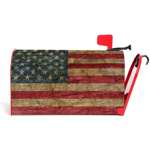Vintage American Flag Rustic Stars White Red Stripes Mail Box Cover Magnetic Anti-UV 100% Polyester Standard Size 18" X 21" Oxford Garden,Postbox Letterbox Cover