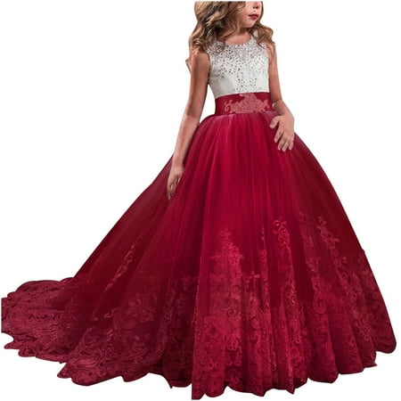 

Girl Sleeveless Embroidery Princess Pageant Dresses Kids Prom Ball Gown Vintage Lace Princess Long Dress for Kids Formal Party Wedding Floor Dance Evening Gown