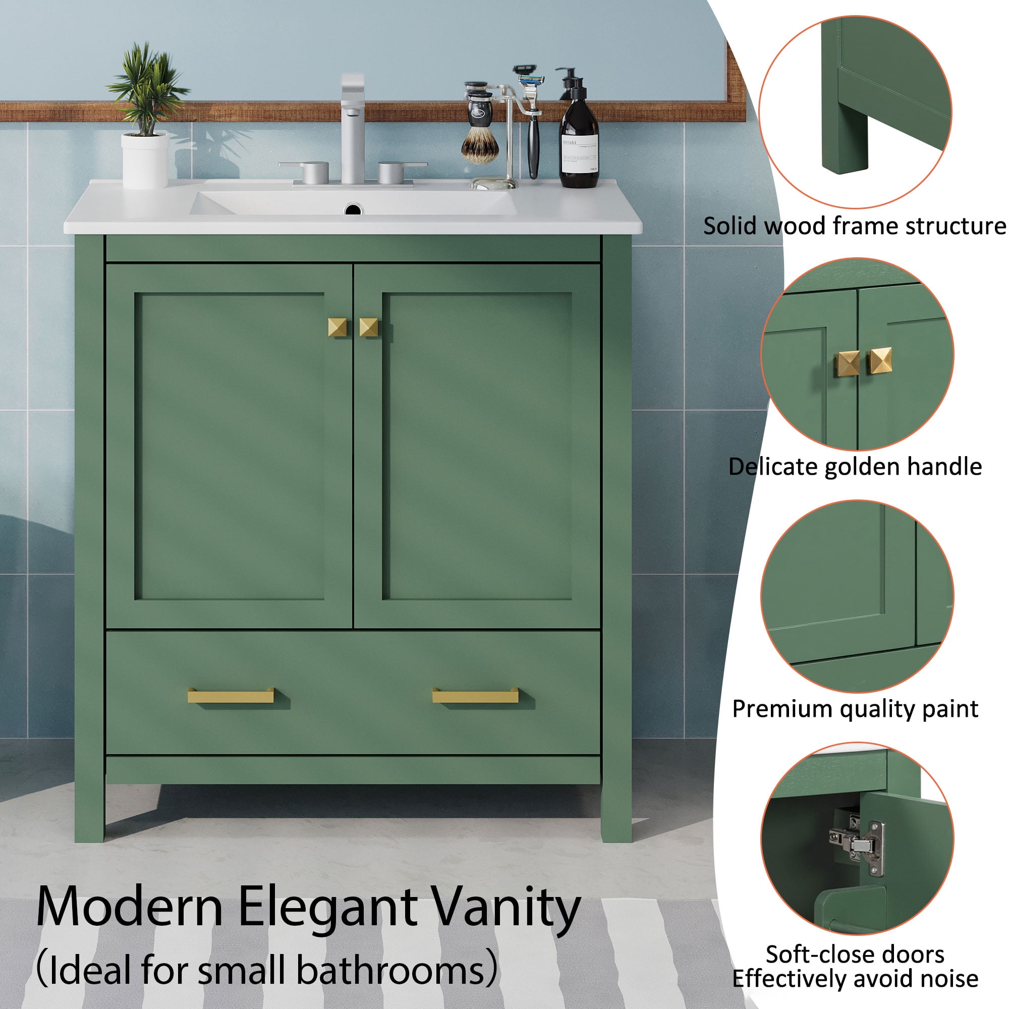 Euroco 30 Inch Green Bathroom Vanity with Single Sink, Combination Under Counter Sink, Bathroom Storage Cabinet with 2 Doors and a Drawer, Soft Closure, Multifunctional Storage