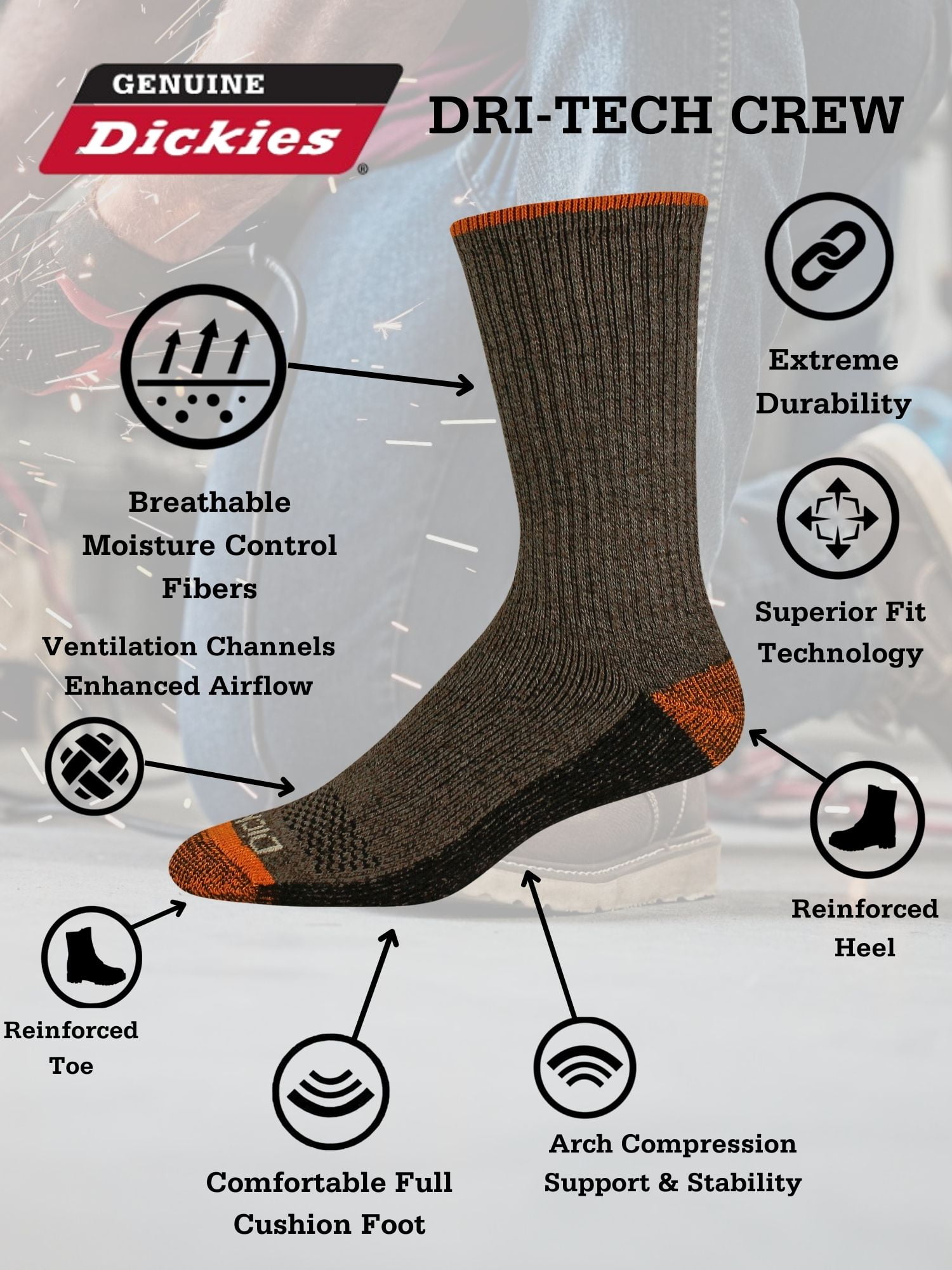 Genuine Dickies Men's Dri-Tech Crew Socks, 6-Pack