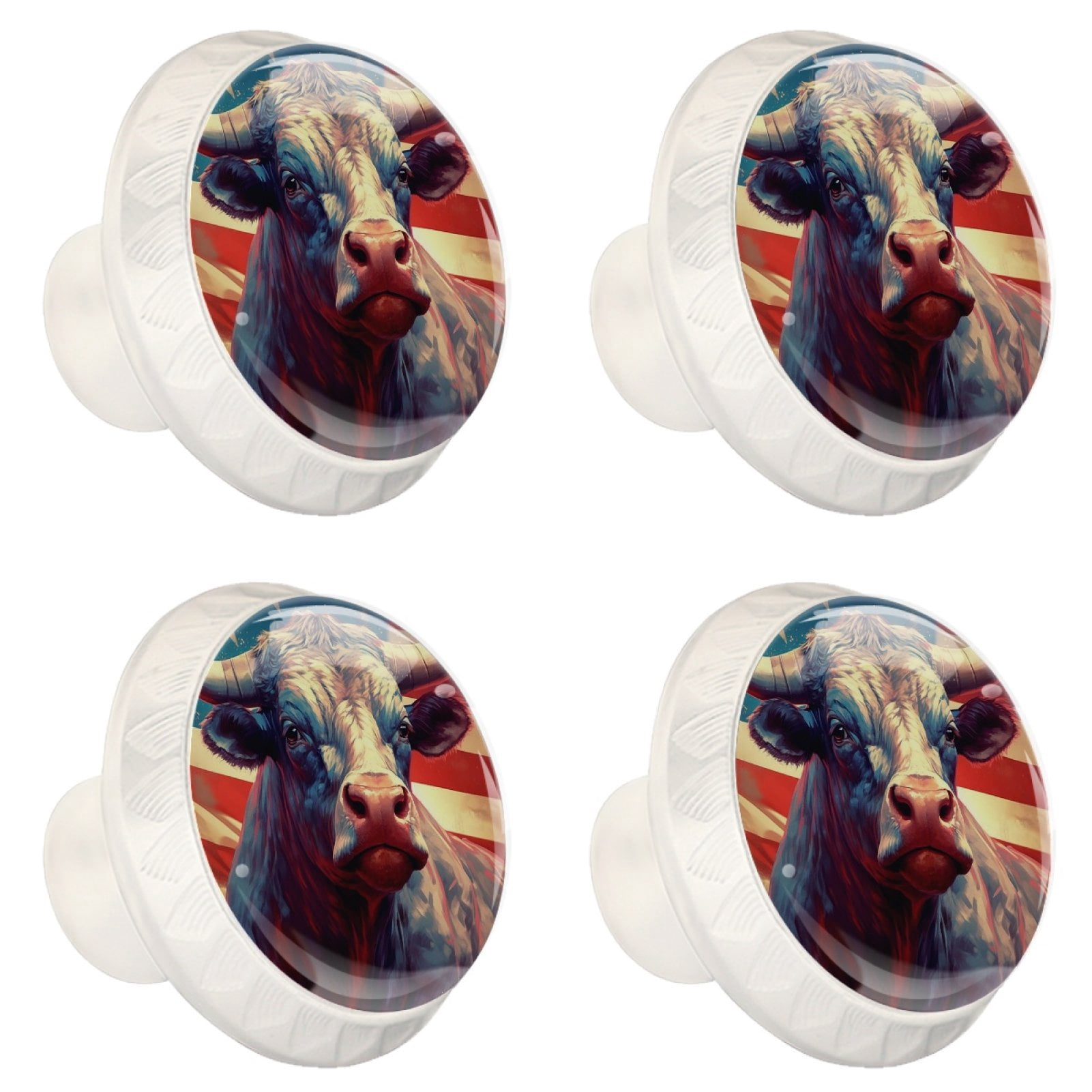 4 Pcs Cow American Flag Knobs for Kitchen Cabinet Cupboard Dresser Bookcase Drawer Pulls Handles Round Home Decor