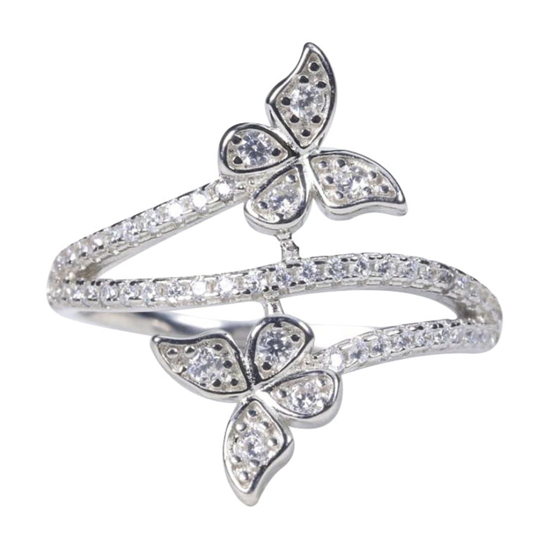 925 Sterling Silver Butterfly Ring for Women, Double Band Pavé Engagement Ring with Cubic Zirconia, Anniversary Wedding Jewelry with Drawer Style Box - Size 8