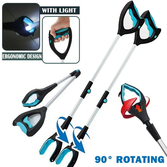 HOMEYA 2 Pack Foldable Grabber Reacher Tool with Led Light & Magnetic Tip, 32inch/19inch Folding Reacher Grabber with 360° Rotating Jaw, Picker Upper Grabber for Outdoor & Indoor - Blue