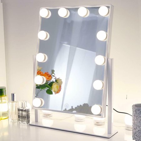Chende Glossy White Lighted Vanity Mirror with Dimmable LED Bulbs, Hollywood Style Makeup Mirror with Lights for Touch Control Design,...