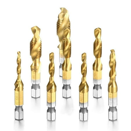 

8pcs HSS Countersink Tap Drill Bit Set Combination Hex Titanium Screw Thread Metric Tap Drill for Wood Plastic Aluminum Copper NOT for Hard Metal/Iron Casting (-M10)
