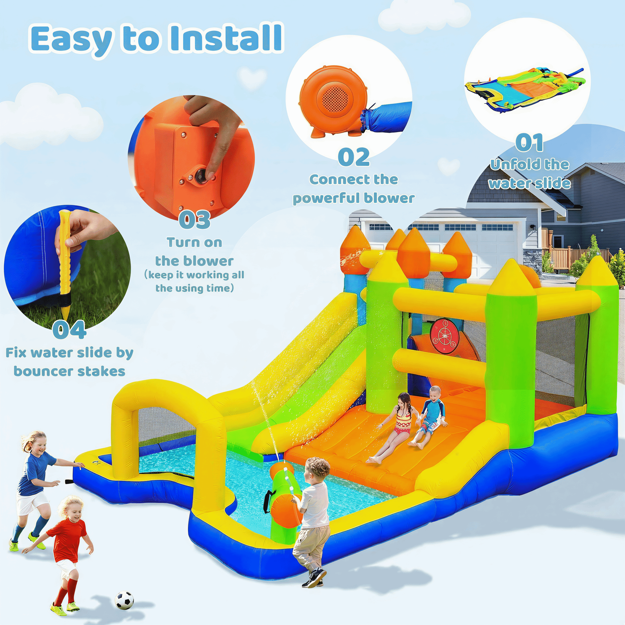 TLSUNNY Inflatable Bounce House for Kids , W/ Water Slides, Climbing Wall, Splash Pool, Soccer Goal, Water Cannon, Bounce Castle for Outdoor Backyard Party