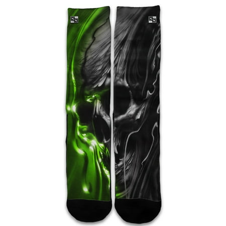 Custom Elite Style Athletic Sport Socks Crew 18 Inch / Dark Skull, Skeleton Neon