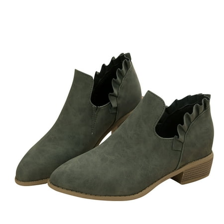 KIJBLAE Women s Ankle Boots Low Heel Pointed Toe Slip On Ruffle Faux Leather Booties Comfortable Chunky Heel Shoes Green 40