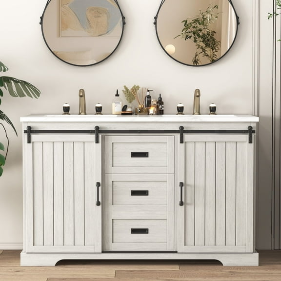 Ciumeeo 54" White Bathroom Vanity with Sink, Bathroom Vanities with 2 Sliding Doors and 4 Storage Shelves, Bathroom Double Vanity with Sink 2 Drawers, No Installation Required